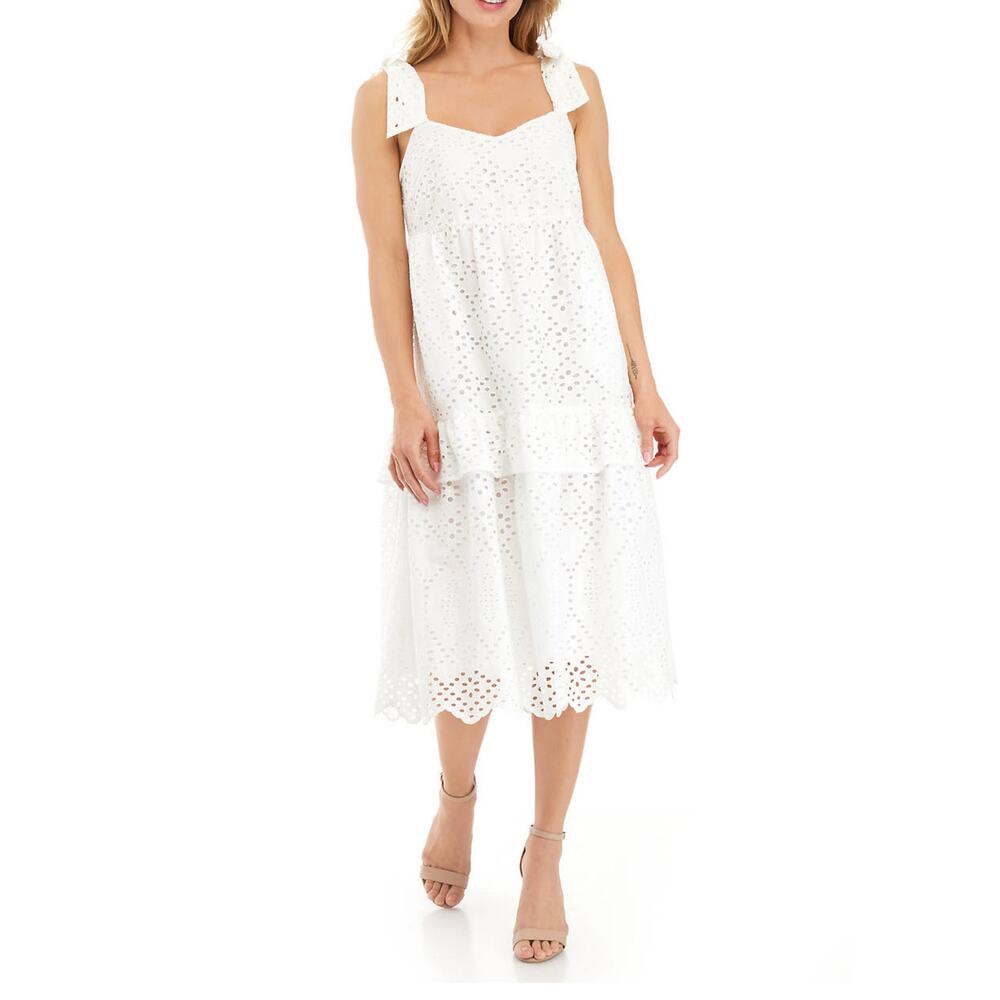 White Eyelet Midi Sundress Womens Dr 10 White Eyelet Dress Cotton Cute Girly Tie